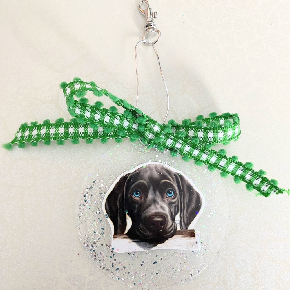 Clear Round  Weimaraner Dog Ornament with Green Bow or purse charm